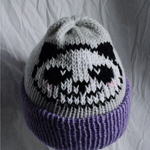 Gray and Purple Panda Knit Beanie